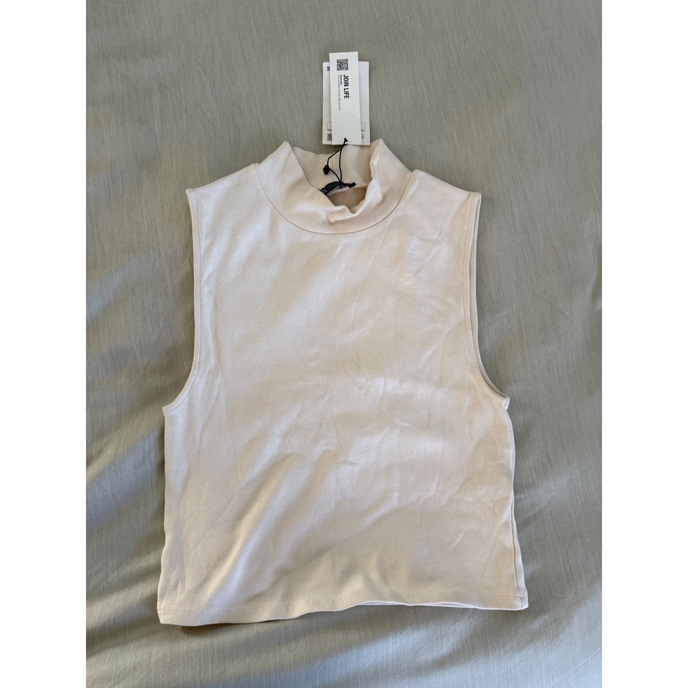 ZARA Mock Neck Sleeveless Ribbed‎ Tank Top Cream Beige L New With Tags NWT